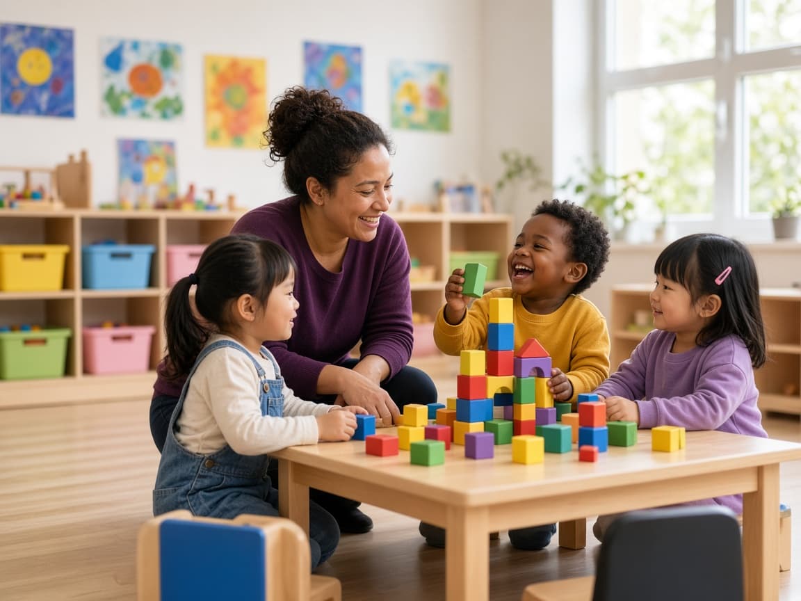 Educator building colourful block towers with three smiling preschoolers